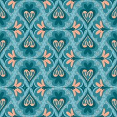 Seamless retro floral pattern with stylized teal and coral elements on a turquoise background. Perfect for textiles, fabric prints, packaging, wallpaper, and digital projects. Elegant ornamental motif
