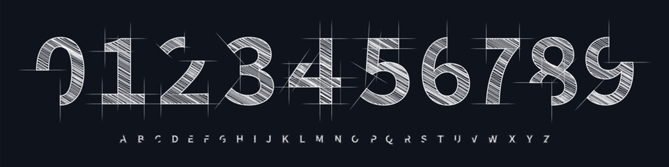 Technical Sketch Number Font, Blueprint Alphabet for architecture posters, engineering design, tech manuals, and mechanical branding. Perfect for drafts, UI, construction themes. Vector Illustration.