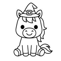 Obraz premium A charming black and white line art illustration of a smiling horse dressed as a witch for Halloween. Evokes a sense of fun and the spooky season. vector illustration coloring page