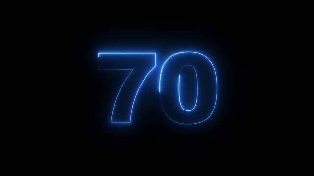 Abstract glowing neon text 70 number countdown icon. Glowing neon numbering text 70 number countdown icon background. Bright neon glowing number 70 Energy Neon cyan Number 70 Animation