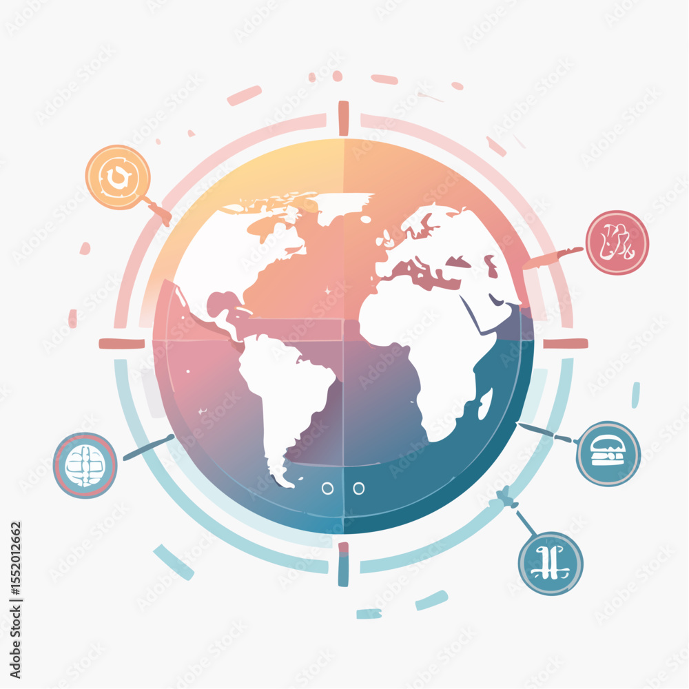 Poster world map with icons encircled in colorful bands and dashed lines