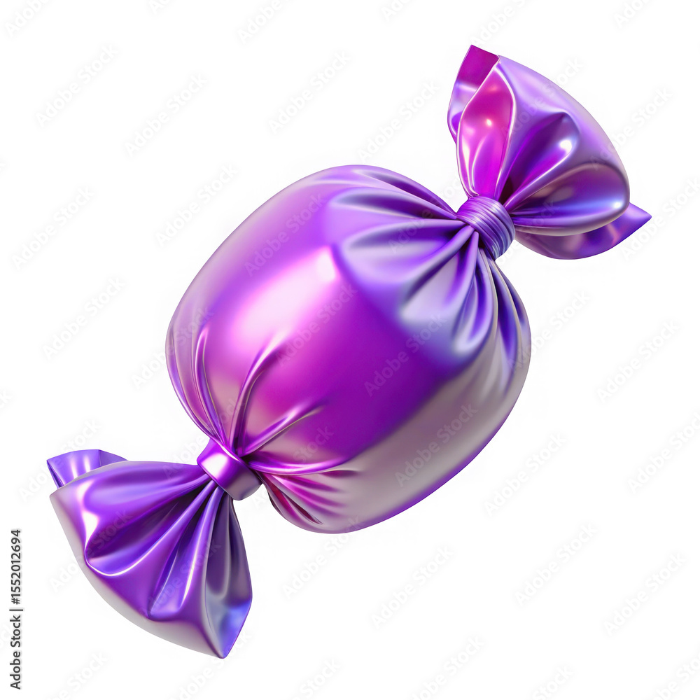 Poster shiny metallic purple wrapped candy isolated on transparent background with subtle gradient