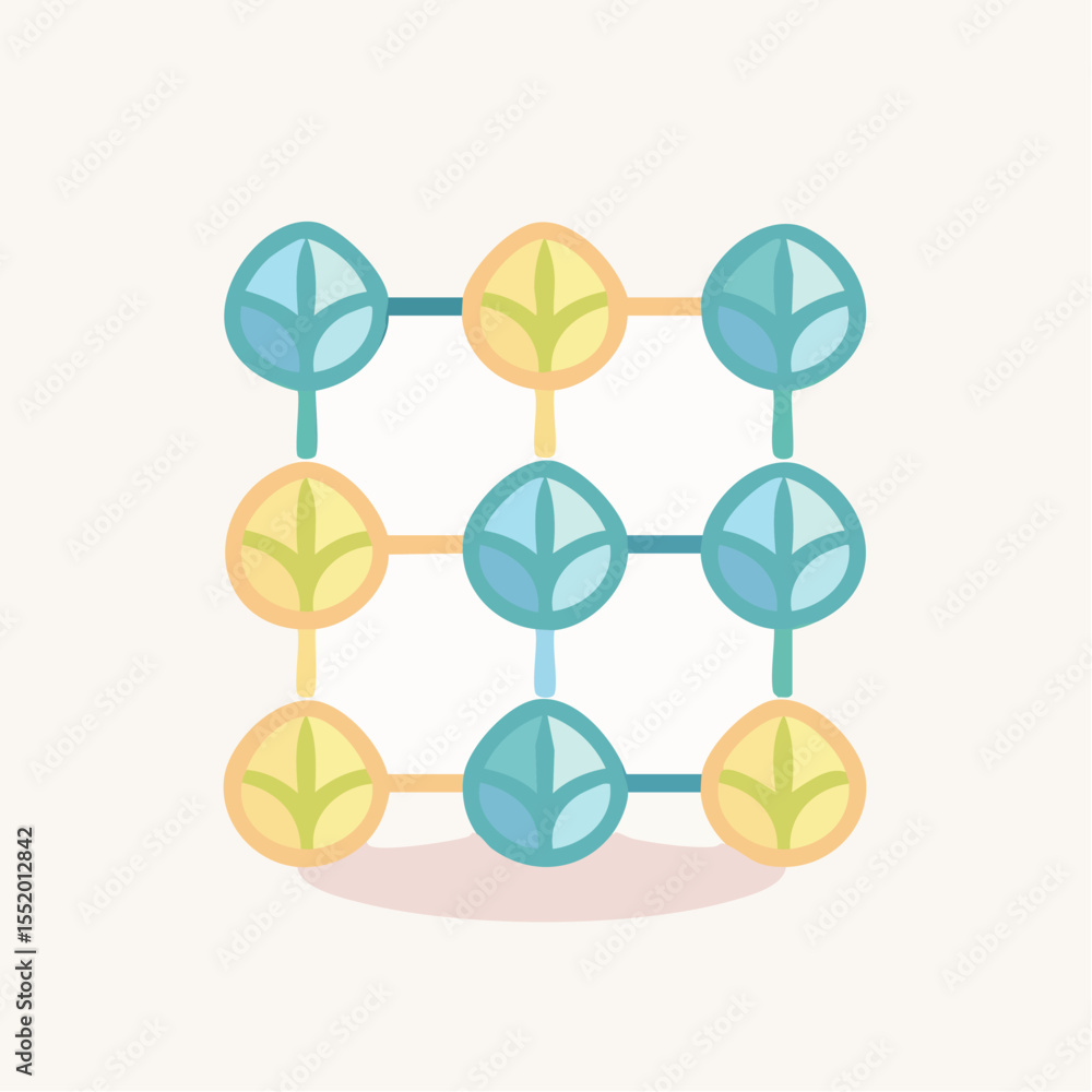 Poster leafpatterned grid with blue yellow circles connected by lines on a pale backdrop