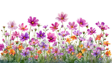 Naklejka premium Vibrant watercolor cosmos flowers in a variety of pink purple and orange hues isolated on transparent background