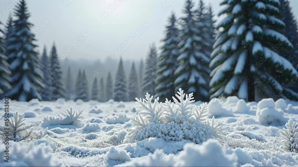 Poster a snowy landscape with large snowflakes in the foreground, snowy trees in the background, soft diffu