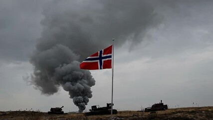 Drone flies over Norway’s battlefield. Amid ash and smoke, a torn red, white, and blue flag with Nordic cross waves—cinematic symbol of pride, strength, and resilience