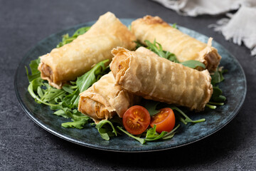 Crispy vegetables spring Rolls on black background. Top view