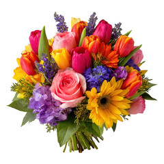 Vibrant spring bouquet featuring roses tulips sunflowers and lavender isolated on transparent background
