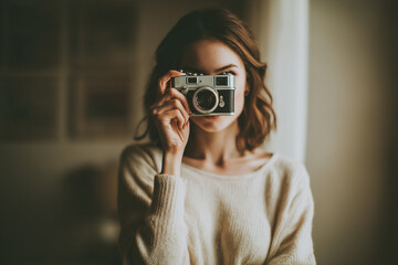 Young woman holding vintage film camera in softly lit neutral room