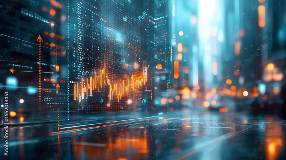 Aufkleber dynamic business growth analytics urban cityscape digital art futuristic environment wide-angle view