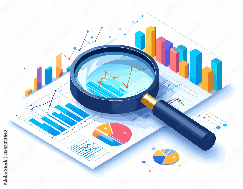 Aufkleber magnifying glass over colorful business data charts and graphs isometric view analysis on white back