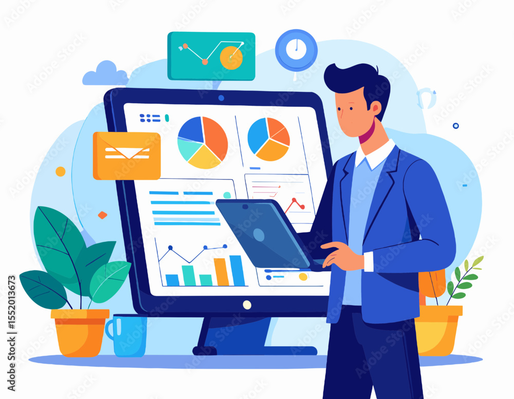Poster man analyzing financial data charts on computer screen holding tablet in a blue business suite with 