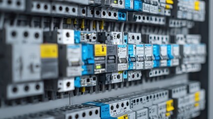 The intricate layout of electrical components in a control panel.