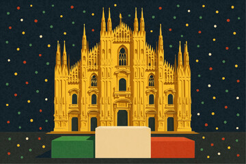 Gold-lit Duomo di Milano at night with tricolour podium and confetti — EPS vector poster for Milan-Cortina 2026 Winter Olympics