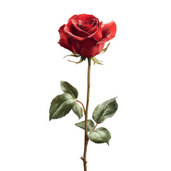 A single vibrant red rose with green leaves isolated on transparent background
