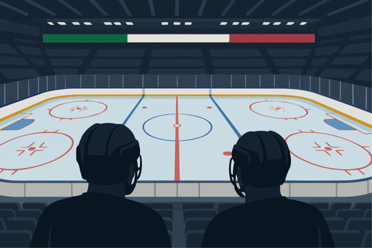 Overhead arena graphic: Santa Giulia PalaItalia, ice tinted green-white-red, two helmet-back silhouettes circling, EPS-ready.