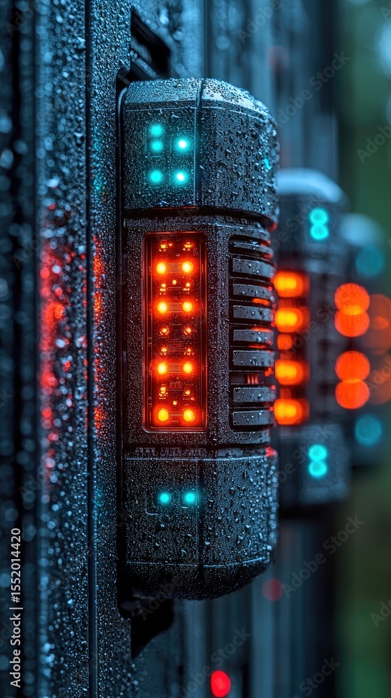 Poster blue and red illuminated server nodes in dark wet environment