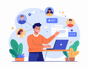 Online Meeting Illustration with Networking Man and Team Avatars in Light Background