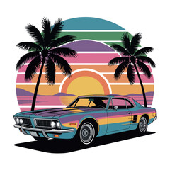 Colorful Retro Muscle Car at Sunset with Palm Trees vibrant illustration vintage car against sunset backdrop palm trees retro car muscle car vintage