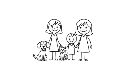 Simple stick figure illustration featuring a happy lesbian family with their pets
