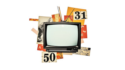 vintage television set with retro artworks and numbers creating a nostalgic collage on a black background