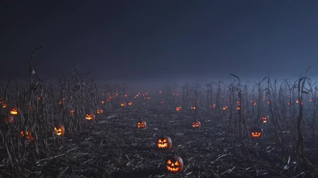 Foggy cornfield filled with glowing jack-o&rsquo;-lanterns at night, cinematic Halloween video for spooky, eerie, and haunted seasonal scenes