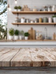 Mock up empty wooden table against the blurred background of the modern white wooden rustic Scandinavian kitchen, Mockup blank surface on a blurred kitchen background. copy space.