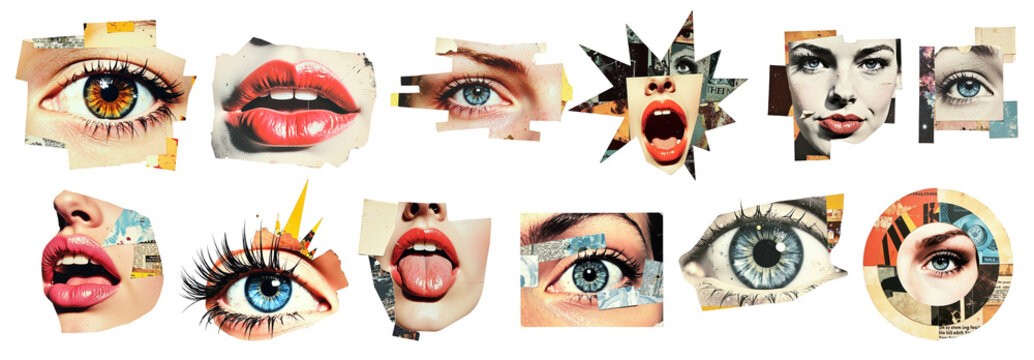 collage of expressive eyes and lips showcasing various emotions and styles in a vibrant artistic composition, emphasizing beauty and creativity