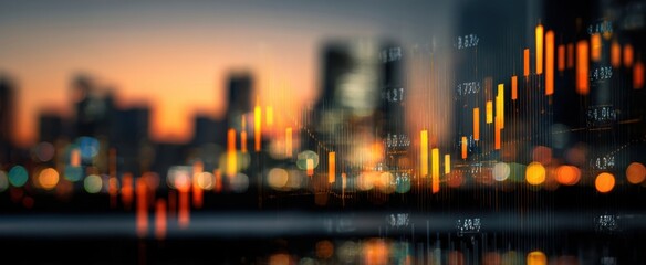 The dynamic financial chart reflecting urban growth and investment trends at sunset.