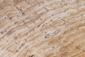 Close-up texture of natural travertine marble with wavy brown and beige patterns, showing unique geological layers and organic details. 
