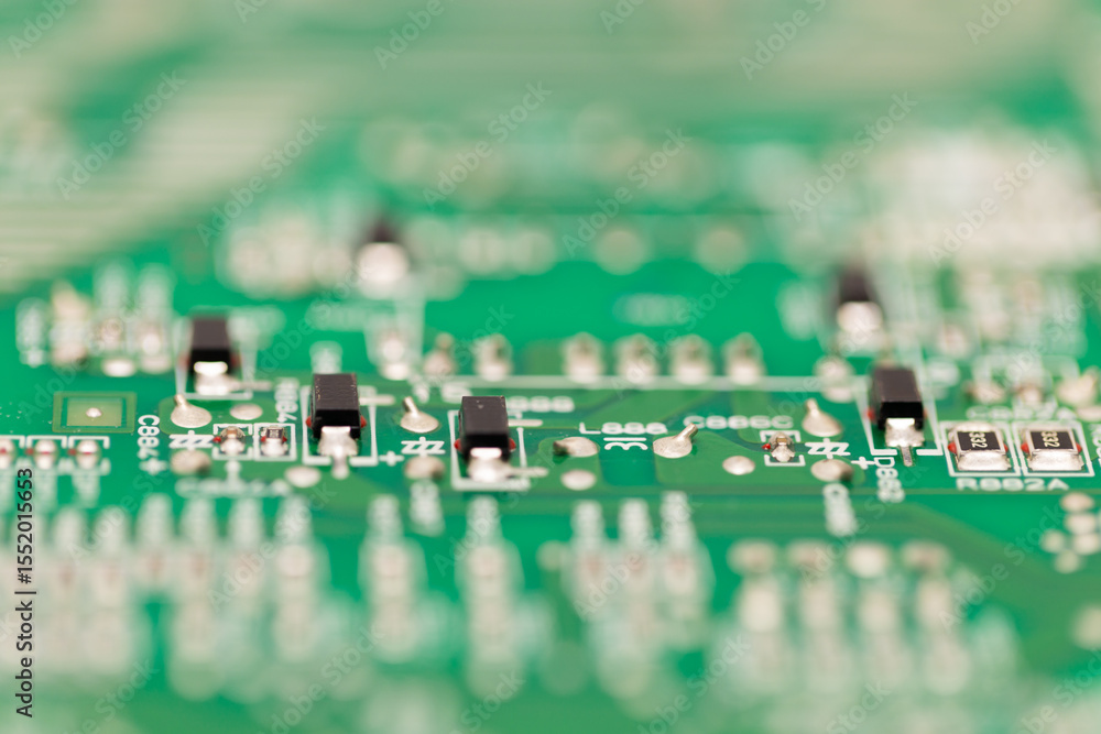 Poster macro close-up of surface-mount transistors on a green printed circuit board, showing electronic com