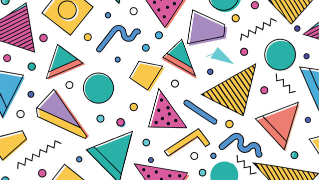 Colorful Geometric Memphis Pattern Background with Triangles, Circles, Zigzags, and Shapes Retro 90s Abstract Design Wallpaper