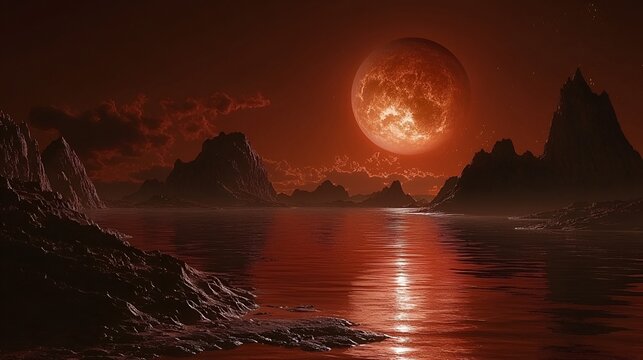 Blood red moon over dark, rocky landscape reflected in still water. - Powered by Adobe