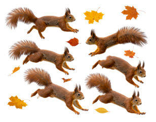  Set Brown Squirrel in Mid-Pounce with Autumn Leaves Flying Around, isolated on a transparent background png