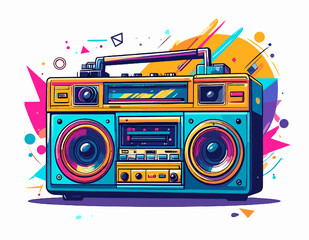 Pixelated Turquoise and Gold Boombox with Retro Geometric Accents on White Background Digital Art