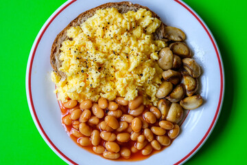 Scrambled Eggs Fried Mushrooms Baked Beans and Tomato Sauce