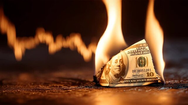 燃えるドル札と崩れる市場チャート