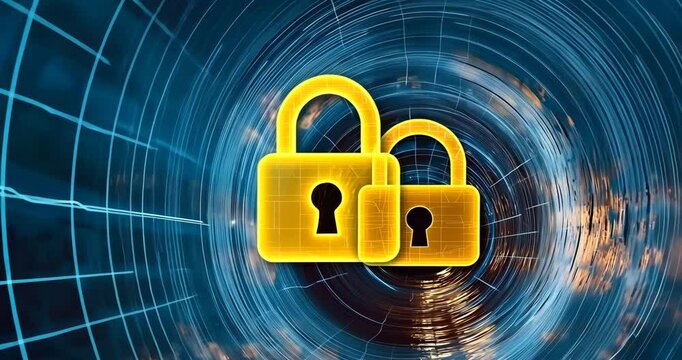 A golden lock floats in a dark digital tunnel, symbolizing cybersecurity and data protection.