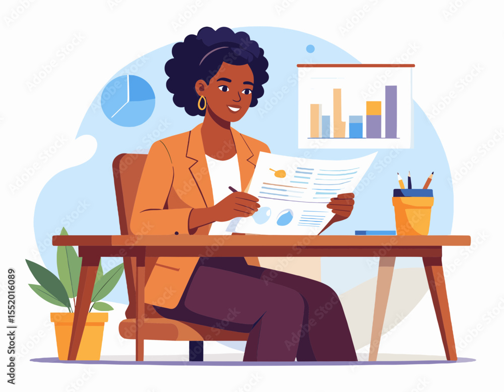 Poster professional businesswoman reviewing data charts and graphs in office setting analyzing documents at