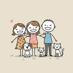 Whimsical stick figure family portrait with pets on a beige background