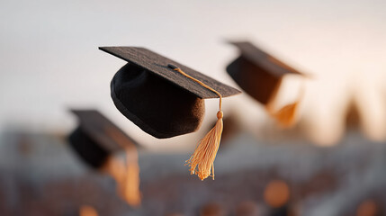 Graduation caps flying in the air at ceremony