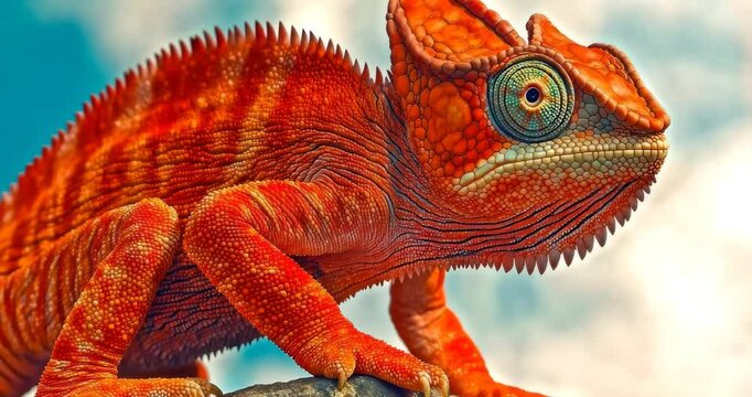 Close-up of a vibrant orange chameleon, showcasing its textured skin and intricate details.