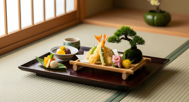 Traditional Japanese Tempura Meal Served on Tatami Mat With Bonsai Tree - Powered by Adobe