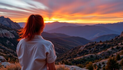 Naklejka premium the photo captures a serene moment of an individual standing at the edge of a scenic mountain range, gazing out towards the horizon where the sun is setting and casting a warm glow