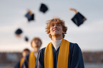 Male graduate smiling as caps fly in sky