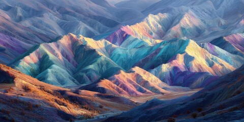 Pastel Watercolor Landscape of Rainbow Mountains at Sunset