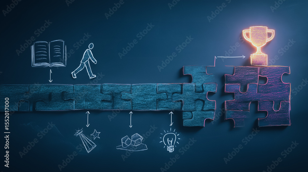 Poster path to triumph: an illuminated conceptual image depicting the journey towards achieving a trophy, w