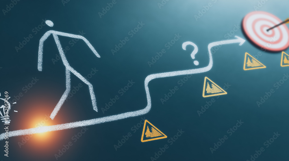 Poster path to success: a conceptual illustration showing a journey marked by obstacles and strategic think