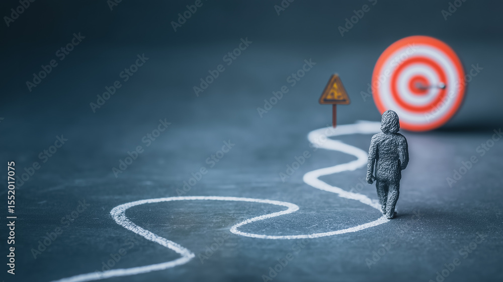 Poster the path to purpose: a miniature figure embarks on a metaphorical journey towards a distant bullseye