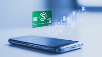 Digital Payment Concept: A sleek smartphone interacts seamlessly with a floating credit card, with currency symbols, symbolizing the convenience of modern digital payments.